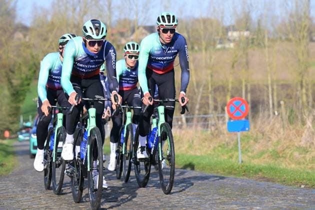 Decathlon CMA& 8239 and CGM Team riders pictured in action during a track reconnaissance session ahead of this weekend s one-day cycling race Omloop Het Nieuwsblad, the opening race of the Flemish classic one day races season, Thursday 26 February 2026. DAVIDxPINTENS  x165315011x