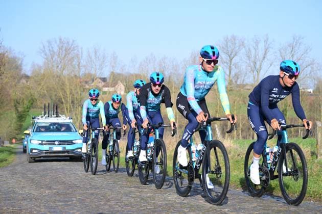 Decathlon CMA& 8239 and CGM Team riders pictured in action during a track reconnaissance session ahead of this weekend s one-day cycling race Omloop Het Nieuwsblad, the opening race of the Flemish classic one day races season, Thursday 26 February 2026. DAVIDxPINTENS  x165315092x