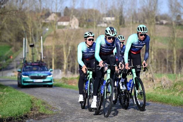 Decathlon CMA& 8239 and CGM Team riders pictured at the Haaghoek climb during a track reconnaissance session ahead of this weekend s one-day cycling race Omloop Het Nieuwsblad, the opening race of the Flemish classic one day races season, Thursday 26 February 2026. ELIASxROM  x165323291x