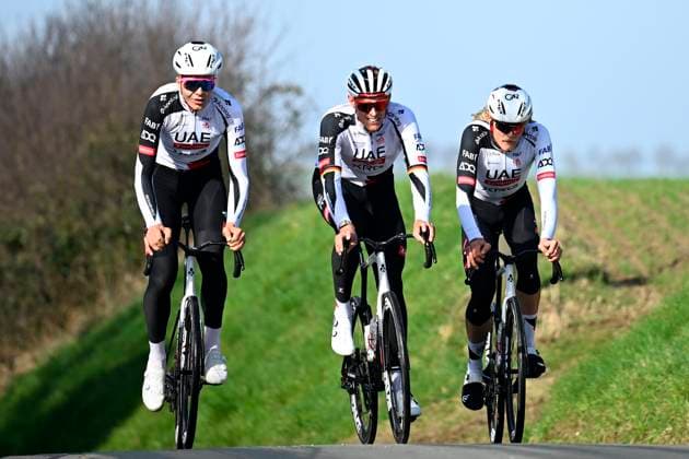Omloop Het Nieuwsblad 2026 Cycling Race Media Activities 26 02 2026 NINOVE, BELGIUM - FEBRUARY 26 : Vermeersch Florian (BEL) of UAE Team Emirates - XRG, Politt Nils (GER) of UAE Team Emirates - XRG, Johansen Julius (DEN) of UAE Team Emirates - XRG during a training and reconnaissance session prior to the 81th edition of Omloop Het Nieuwsblad an UCI World Tour 1.UWT one day cycling road race for Men Elite of km with start in Ghent and finish in Ninove on February 26, 2026 in Ninove, Belgium, 26 02 2026 ( Motordriver Guy De Vuyst - Ninove Belgium  Copyright: xTomasxSiskx