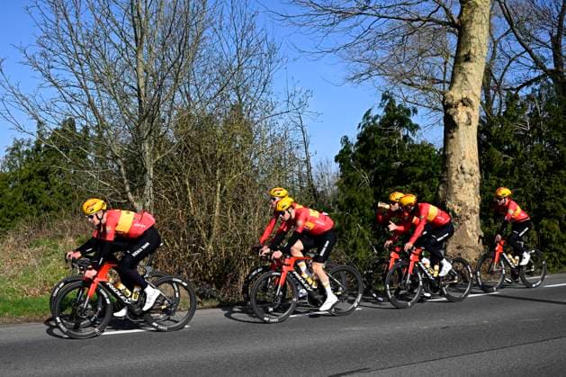 Omloop Het Nieuwsblad 2026 Cycling Race Media Activities 26 02 2026 NINOVE, BELGIUM - FEBRUARY 26 : riders of team Uno-X Mobility during a training and reconnaissance session prior to the 81th edition of Omloop Het Nieuwsblad an UCI World Tour 1.UWT one day cycling road race for Men Elite of km with start in Ghent and finish in Ninove on February 26, 2026 in Ninove, Belgium, 26 02 2026 ( Motordriver Guy De Vuyst - Ninove Belgium  Copyright: xTomasxSiskx