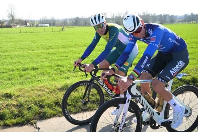Belgian Greg Van Avermaet and Dutch Mathieu van der Poel of Alpecin-Premier Tech pictured during a track reconnaissance session ahead of this weekend s one-day cycling race Omloop Het Nieuwsblad, the opening race of the Flemish classic one day races season, Thursday 26 February 2026. DAVIDxPINTENS  x165366550x