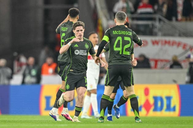 Luke Mc Cowan (Celtic FC) celebrates after scoring his team s first goal during the UEFA Europa League 2025 26 Knockout Play-off Second Leg match between VfB Stuttgart and Celtic FC at Stuttgart Arena on February 26, 2026 in Stuttgart, Germany. (Photo by Harry Langer DeFodi Images) -