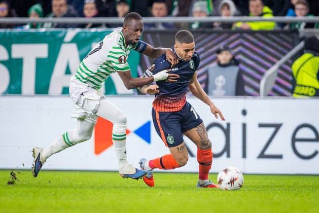 FERENCVAROS - LUDOGORETS Ibrahim Cisse of Ferencvaros and Erick Marcus of Ludogorets during the 2 nd leg of KO play off s of UEFA Europa league football match between Ferencvarosi TC and PFC Ludogorets Razgrad. Groupama Arena, Ferencvaros Arena, Budapest, Hungary, February 26, 2026. Photo by Branislav Racko Copyright: xx 080A6835