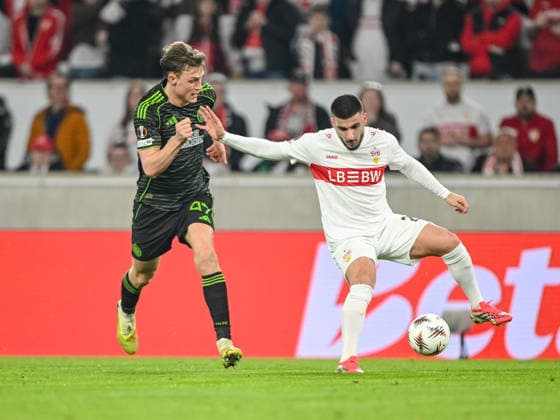 Dane Murray (Celtic FC) and Deniz Undav (VfB Stuttgart) battle for the ball during the UEFA Europa League 2025 26 Knockout Play-off Second Leg match between VfB Stuttgart and Celtic FC at Stuttgart Arena on February 26, 2026 in Stuttgart, Germany. (Photo by Harry Langer DeFodi Images) -