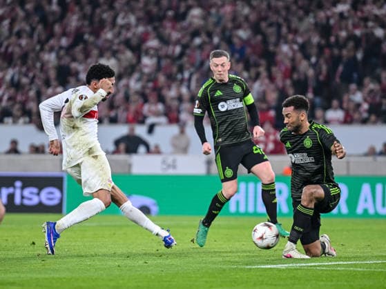 Tiago Tomas (VfB Stuttgart) and Auston Trusty (Celtic FC) battle for the ball during the UEFA Europa League 2025 26 Knockout Play-off Second Leg match between VfB Stuttgart and Celtic FC at Stuttgart Arena on February 26, 2026 in Stuttgart, Germany. (Photo by Harry Langer DeFodi Images) -