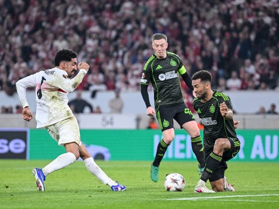 Tiago Tomas (VfB Stuttgart) and Auston Trusty (Celtic FC) battle for the ball during the UEFA Europa League 2025 26 Knockout Play-off Second Leg match between VfB Stuttgart and Celtic FC at Stuttgart Arena on February 26, 2026 in Stuttgart, Germany. (Photo by Harry Langer DeFodi Images) -