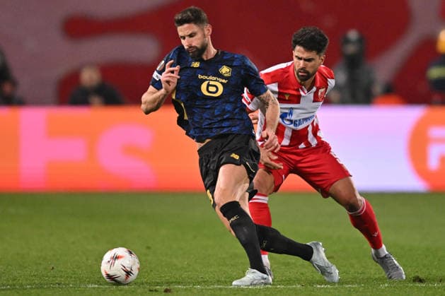 CRVENA ZVEZDA vs LOSC LILLE OLIVIER GIROUD vs RODRIGO DE SOUZA PRADO RODRIGAO football Crvena zvezda vs LOSC Lille UEFA Europa league Rajko Mitic stadium, Belgrade 26.02.2026 Foto: FOOTBALL, UEFA EUROPA LEAGUE, CRVENA ZVEZDA, RED STAR, LOSC LILLE Belgrade Rajko Mitic stadium Serbia Copyright: xMarkoxMetlas xMNxPressx