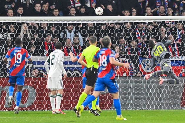 Goalkeeper Alban Lafont of Panathinaikos, right, saves the shot during the European League playoffs return match of 1st round Viktoria Plzen vs Panathinaikos Athens on February 26, 2026 in Pilsen, Czech Republic. (CTKxPhoto MiroslavxChaloupka) CTKPhotoP2026022608009  CTKPhotoP2026022608009