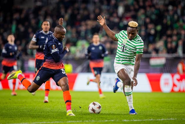 FERENCVAROS - LUDOGORETS Bamidele Yusuf of Ferencvaros and Bernard Tekpetey of Ludogorets during the 2 nd leg of KO play off s of UEFA Europa league football match between Ferencvarosi TC and PFC Ludogorets Razgrad. Groupama Arena, Ferencvaros Arena, Budapest, Hungary, February 26, 2026. Photo by Branislav Racko Copyright: xx 080A7782