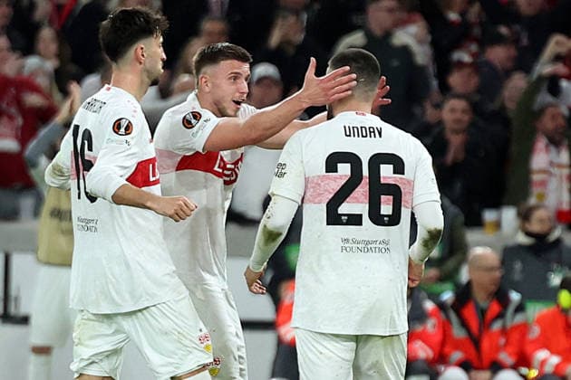 26.02.2026, xrekx, Fussball UEFA Europa League, VfB Stuttgart - Celtic Glasgow v.l. Jubel, Abseitstor Deniz Undav (VfB Stuttgart) Viljami Sinisalo (Celtic Glasgow) Atakan Karazor (VfB Stuttgart) Ermedin Demirovic (VfB Stuttgart) (DFL DFB REGULATIONS PROHIBIT ANY USE OF PHOTOGRAPHS as IMAGE SEQUENCES and or QUASI-VIDEO) Stuttgart