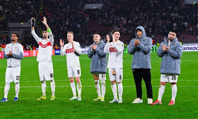 Deniz Undav (VfB Stuttgart), Jamie Leweling (VfB Stuttgart), Angelo Stiller (VfB Stuttgart), Badredine Bouanani (VfB Stuttgart), Chris Führich (VfB Stuttgart) and Atakan Karazor (VfB Stuttgart) are dejected after losing the UEFA Europa League 2025 26 Knockout Play-off Second Leg match between VfB Stuttgart and Celtic FC at Stuttgart Arena on February 26, 2026 in Stuttgart, Germany. (Photo by Silas Schueller DeFodi Images) -