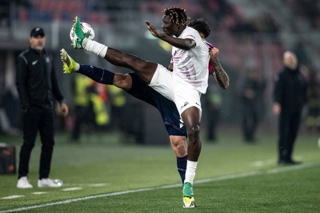 260226 Nana Kwame Boakye of Brann during the UEFA Europa League football match between Bologna and Brann on February 26, 2026 in Bologna. Photo: Marius Simensen BILDBYRAN COP 238 MM0058 bbeng fotboll football soccer fotball uefa europa league brann bologna Copyright: MARIUSxSIMENSEN BB260226ZL015