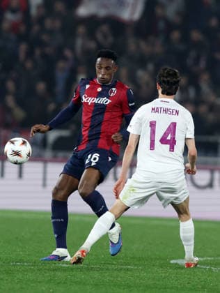 Bologna™s Jhon Lucumi fight for the ball with Brann™s Ulrik Mathisen during the UEFA Europa League soccer match between Bologna and Brann at the Renato Dall™Ara Stadium in Bologna, north Italy - Thursday, February 26, 2026  Copyright: xGiannixSantandrea LaPressex