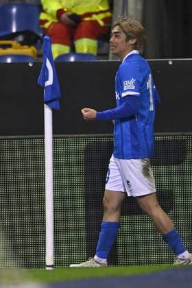 Genk s Junya Ito celebrates after scoring during a soccer game between Belgian team KRC Genk and Croatian GNK Dinamo Zagreb, Thursday 26 February 2026 in Genk, in the play-off for the knockout phase of the UEFA Europa League tournament. Genk won the first leg 1-3. JOHAN EYCKENS JohanxEyckens  x165492393x