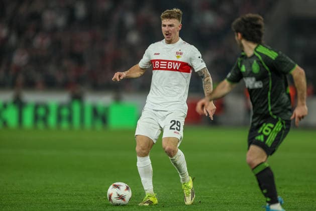 GER, Stuttgart, VfB Stuttgart vs Celtic Glasgow, Europa League, Fussball, UEFA, Spielzeit 2025 2026, MHP-Arena, Playoffs, Rückspiel im Bild: Finn Jeltsch (VfB Stuttgart 29) DFB DFL REGULATIONS PROHIBIT ANY USE OF PHOTOGRAPHS AS IMAGE SEQUENCES AND OR QUASI-VIDEO, 26.02.2026 Copyright: HMBxMedia HendrikxHamelau