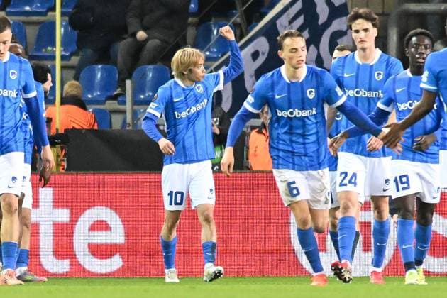 Genk s Junya Ito celebrates after scoring during a soccer game between Belgian team KRC Genk and Croatian GNK Dinamo Zagreb, Thursday 26 February 2026 in Genk, in the play-off for the knockout phase of the UEFA Europa League tournament. Genk won the first leg 1-3. JILLxDELSAUX  x165493537x
