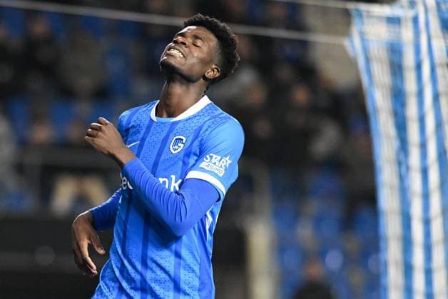 Genk s Aaron Bibout Banind looks dejected during a soccer game between Belgian team KRC Genk and Croatian GNK Dinamo Zagreb, Thursday 26 February 2026 in Genk, in the play-off for the knockout phase of the UEFA Europa League tournament. Genk won the first leg 1-3. JILLxDELSAUX  x165496391x