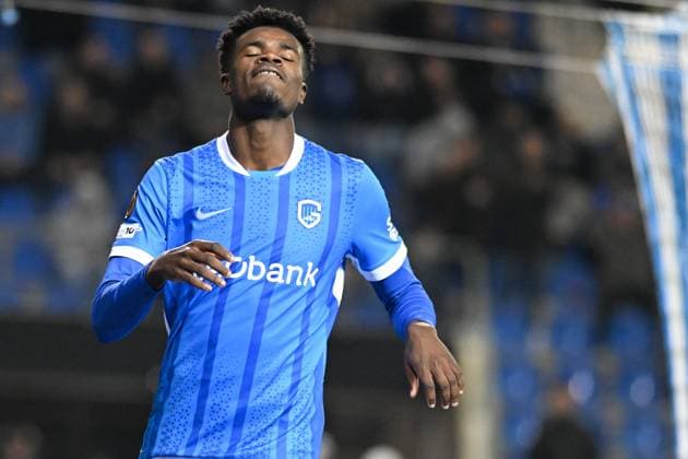 Genk s Aaron Bibout Banind looks dejected during a soccer game between Belgian team KRC Genk and Croatian GNK Dinamo Zagreb, Thursday 26 February 2026 in Genk, in the play-off for the knockout phase of the UEFA Europa League tournament. Genk won the first leg 1-3. JILLxDELSAUX  x165496415x