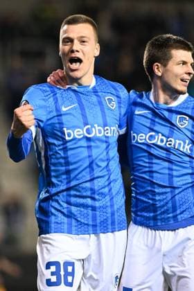 Genk s Daan Heymans celebrates after scoring during a soccer game between Belgian team KRC Genk and Croatian GNK Dinamo Zagreb, Thursday 26 February 2026 in Genk, in the play-off for the knockout phase of the UEFA Europa League tournament. Genk won the first leg 1-3. JILLxDELSAUX  x165499443x