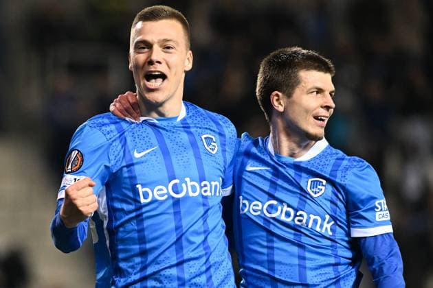 Genk s Daan Heymans celebrates after scoring during a soccer game between Belgian team KRC Genk and Croatian GNK Dinamo Zagreb, Thursday 26 February 2026 in Genk, in the play-off for the knockout phase of the UEFA Europa League tournament. Genk won the first leg 1-3. JILLxDELSAUX  x165499469x
