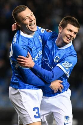 Genk s Daan Heymans celebrates after scoring during a soccer game between Belgian team KRC Genk and Croatian GNK Dinamo Zagreb, Thursday 26 February 2026 in Genk, in the play-off for the knockout phase of the UEFA Europa League tournament. Genk won the first leg 1-3. JILLxDELSAUX  x165499608x