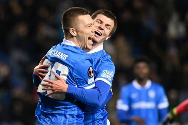 Genk s Daan Heymans celebrates after scoring during a soccer game between Belgian team KRC Genk and Croatian GNK Dinamo Zagreb, Thursday 26 February 2026 in Genk, in the play-off for the knockout phase of the UEFA Europa League tournament. Genk won the first leg 1-3. JILLxDELSAUX  x165499708x