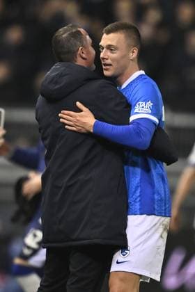 Genk s head coach Nicky Hayen and Genk s Daan Heymans celebrate after winning a soccer game between Belgian team KRC Genk and Croatian GNK Dinamo Zagreb, Thursday 26 February 2026 in Genk, in the play-off for the knockout phase of the UEFA Europa League tournament. Genk won the first leg 1-3. JOHAN EYCKENS JohanxEyckens  x165499885x