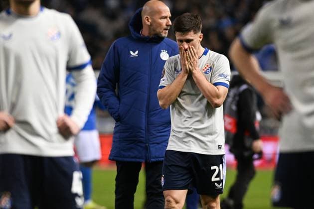 Dinamo s Mateo Lisica looks dejected after a soccer game between Belgian team KRC Genk and Croatian GNK Dinamo Zagreb, Thursday 26 February 2026 in Genk, in the play-off for the knockout phase of the UEFA Europa League tournament. Genk won the first leg 1-3. JILLxDELSAUX  x165504052x