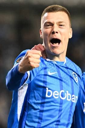 Genk s Daan Heymans celebrates after scoring during a soccer game between Belgian team KRC Genk and Croatian GNK Dinamo Zagreb, Thursday 26 February 2026 in Genk, in the play-off for the knockout phase of the UEFA Europa League tournament. Genk won the first leg 1-3. JILLxDELSAUX  x165504272x