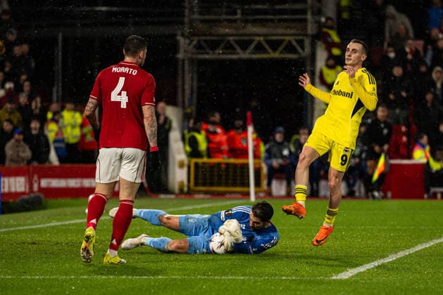 26th February 2026; The City Ground, Nottingham, England; UEFA Europa League Football, Nottingham Forest versus Fenerbahce; Stefan Ortega of Nottingham Forest saves at the feet of Kerem Akturkoglu of Fenerbahce SK  GodfreyxPitt Content restricted for UK based newspaper