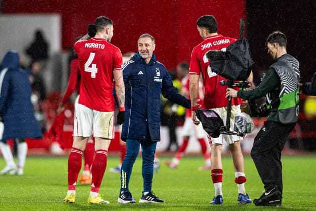 26th February 2026; The City Ground, Nottingham, England; UEFA Europa League Football, Nottingham Forest versus Fenerbahce; Nottingham Forest Head Coach Vitor Pereira congratulates Morato and Jair Cunha of Nottingham Forest after the final whistle  GodfreyxPitt Content restricted for UK based newspaper
