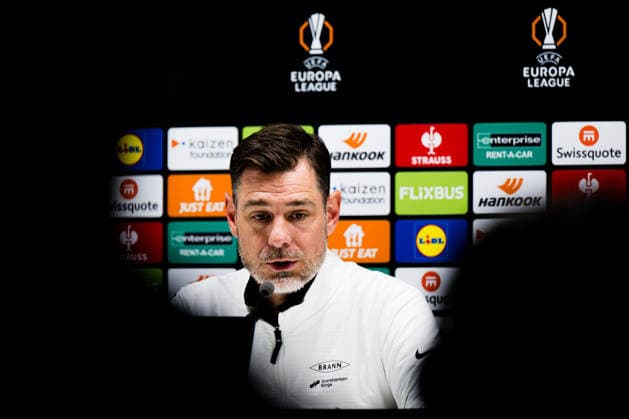 260226 Head coach Freyr Alexandersson of Brann at a press conference, PK, Pressekonferenz after the UEFA Europa League football match between Bologna and Brann on February 26, 2026 in Bologna. Photo: Marius Simensen BILDBYRAN COP 238 MM0058 bbeng bologna brann football fotball fotboll soccer uefa europa league Copyright: MARIUSxSIMENSEN BB260226ZC023