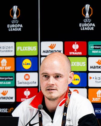 260226 Thomas Brakstad, press officer of Brann, at a press conference, PK, Pressekonferenz after the UEFA Europa League football match between Bologna and Brann on February 26, 2026 in Bologna. Photo: Marius Simensen BILDBYRAN COP 238 MM0058 bbeng bologna brann football fotball fotboll soccer uefa europa league Copyright: MARIUSxSIMENSEN BB260226ZM020