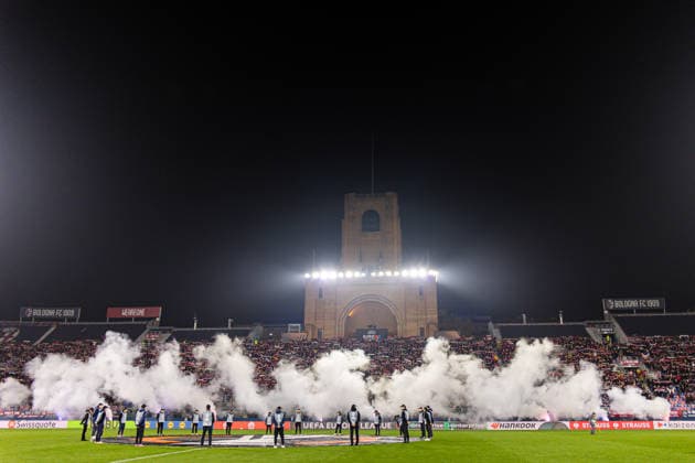 260226 Spectators in the stands ahead of the UEFA Europa League football match between Bologna and Brann on February 26, 2026 in Bologna. Photo: Marius Simensen BILDBYRAN COP 238 MM0058 bbeng bologna brann football fotball fotboll soccer uefa europa league Copyright: MARIUSxSIMENSEN BB260226ZH024