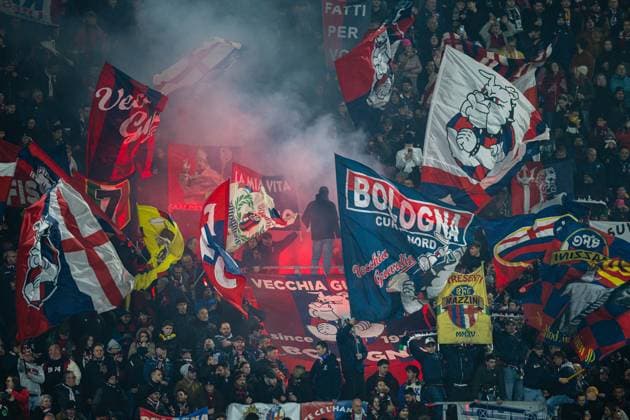 260226 Spectators in the stands ahead of the UEFA Europa League football match between Bologna and Brann on February 26, 2026 in Bologna. Photo: Marius Simensen BILDBYRAN COP 238 MM0058 bbeng bologna brann football fotball fotboll soccer uefa europa league Copyright: MARIUSxSIMENSEN BB260226ZP015