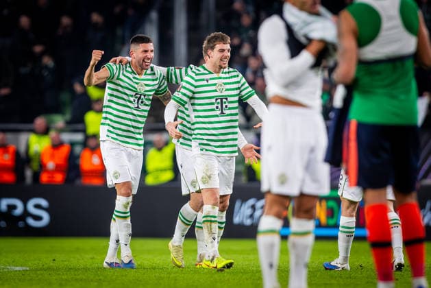 FERENCVAROS - LUDOGORETS Mariano Gomez, Toon Raemaekers, Gabor Szalai of Ferencvaros celebrate after the 2 nd leg of KO play off s of UEFA Europa league football match between Ferencvarosi TC and PFC Ludogorets Razgrad. Groupama Arena, Ferencvaros Arena, Budapest, Hungary, February 26, 2026. Photo by Branislav Racko Copyright: xx 080A8011