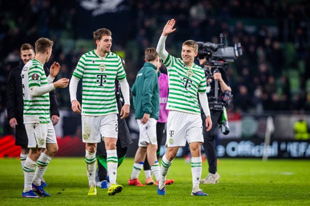 FERENCVAROS - LUDOGORETS Toon Raemaekers, Adam Madarasz of Ferencvaros celebrate after the 2 nd leg of KO play off s of UEFA Europa league football match between Ferencvarosi TC and PFC Ludogorets Razgrad. Groupama Arena, Ferencvaros Arena, Budapest, Hungary, February 26, 2026. Photo by Branislav Racko Copyright: xx 080A8112