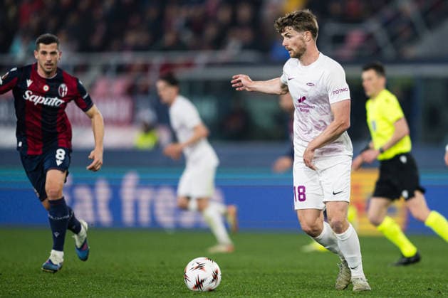 260226 Jacob Sorensen of Brann during the UEFA Europa League football match between Bologna and Brann on February 26, 2026 in Bologna. Photo: Marius Simensen BILDBYRAN COP 238 MM0058 bbeng bologna brann football fotball fotboll soccer uefa europa league Copyright: MARIUSxSIMENSEN BB260226ZK018