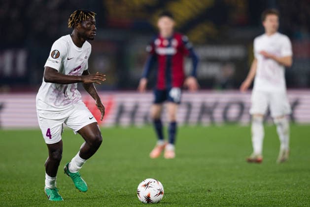 260226 Nana Kwame Boakye of Brann during the UEFA Europa League football match between Bologna and Brann on February 26, 2026 in Bologna. Photo: Marius Simensen BILDBYRAN COP 238 MM0058 bbeng bologna brann football fotball fotboll soccer uefa europa league Copyright: MARIUSxSIMENSEN BB260226ZP018