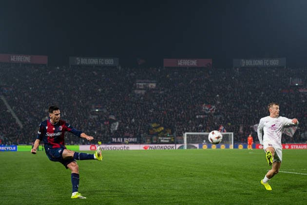 260226 Nikola Moro of Bologna during the UEFA Europa League football match between Bologna and Brann on February 26, 2026 in Bologna. Photo: Marius Simensen BILDBYRAN COP 238 MM0058 bbeng bologna brann football fotball fotboll soccer uefa europa league Copyright: MARIUSxSIMENSEN BB260226ZW017
