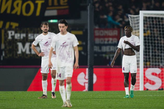 260226 Fredrik Pallesen and Nana Kwame Boakye of Brann looks dejected after 1-0 during the UEFA Europa League football match between Bologna and Brann on February 26, 2026 in Bologna. Photo: Marius Simensen BILDBYRAN COP 238 MM0058 bbeng bologna brann depp football fotball fotboll soccer uefa europa league Copyright: MARIUSxSIMENSEN BB260226ZW018