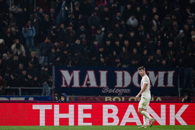 260226 Jacob Sorensen of Brann after receiving a red card by Benoit Bastien, referee, during the UEFA Europa League football match between Bologna and Brann on February 26, 2026 in Bologna. Photo: Marius Simensen BILDBYRAN COP 238 MM0058 bbeng bologna brann football fotball fotboll soccer uefa europa league Copyright: MARIUSxSIMENSEN BB260226ZV014
