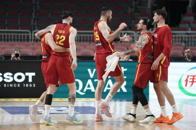 Ukraine Spain Basketball, Riga, Latvia, 27.02.2026, FIBA, basketball, Ukraine, Spain Spain team players react during their FIBA Basketball World Cup European qualifiers group A game between Ukraine and Spain in Riga, Latvia, 27.02.2026. Photo: Roman Koksarov (RKF) Riga Latvia Copyright: xRomanxKoksarovx RKO06290.JPG