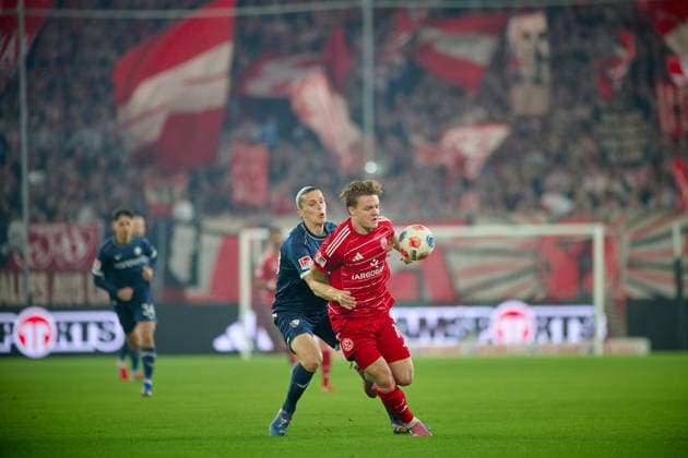 DUSSELDORF, GERMANY - 27 FEBRUARY, 2026: Noah Loosli, Christian Rasmussen - The football match 2. Bundesliga Fortuna Duesseldorf - VfL Bochum 1848 at Merkur Spiel Arena.  Copyright: xVITALIIxKLIUIEVx