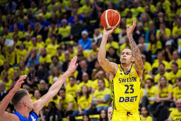 260227 Pierre Hampton of Sweden during the FIBA World Cup Qualifier game between Sweden and Estonia on February 27, 2026 in Stockholm. Photo: Kenta Jönsson BILDBYRAN COP 210 KJ0314 basket basketball vm-kval kval fiba world cup qualifiers sverige estland sweden estonia bbeng Copyright: KENTAxJÖNSSON BB260227KJ032