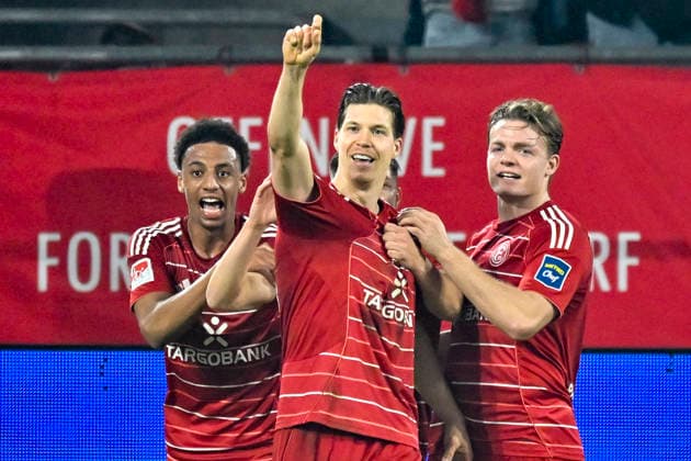 Cedric Itten (Duesseldorf 13) jubelt nach dem Tor zum 1:0 mit Sima Suso (Duesseldorf 46) Christian Rasmussen (Duesseldorf 10) 27.02.2026 ¢ Fussball ¢ Fortuna Duesseldorf vs VfL Bochum, Merkur Spiel-Arena, Duesseldorf, DFB DFL REGULATIONS PROHIBIT ANY USE OF PHOTOGRAPHS AS IMAGE SEQUENCES AND OR QUASI-VIDE