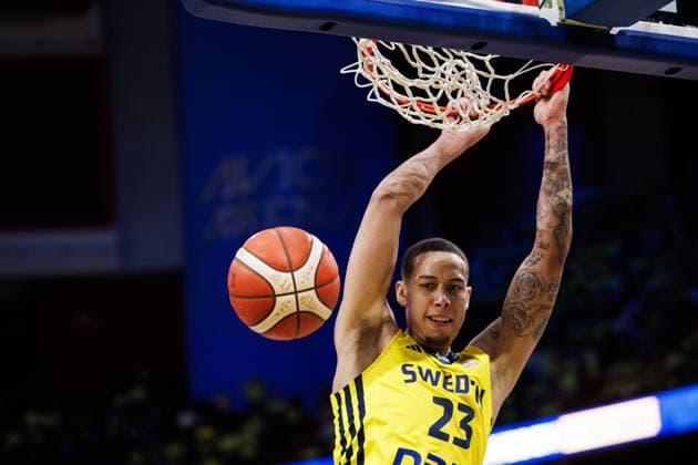 260227 Pierre Hampton of Sweden during the FIBA World Cup Qualifier game between Sweden and Estonia on February 27, 2026 in Stockholm. Photo: Kenta Jönsson BILDBYRAN COP 210 KJ0314 basket basketball vm-kval kval fiba world cup qualifiers sverige estland sweden estonia bbeng Copyright: KENTAxJÖNSSON BB260227KJ036