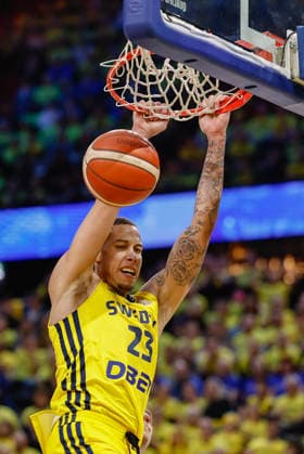 Sweden s Pierre Hampton during the FIBA World European Cup Qualifier game between Sweden and Estonia, first round - group H, at Avicii Arena in Stockholm, Sweden 27 February 2026. STOCKHOLM SWEDEN x1081x