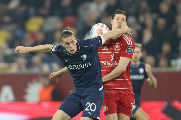 Noah Loosli (VfL Bochum) und Cedric Itten (Fortuna Düsseldorf) im Zweikampf waehrend des Spiels der 2. Bundesliga zwischen Fortuna Düsseldorf und VfL Bochum, Merkur Spiel-Arena am 27. February 2026 in Düsseldorf, Deutschland. (Foto von Oliver Kaelke DeFodi Images) +++ Noah Loosli (VfL Bochum) und Cedric Itten (Fortuna Düsseldorf) battle for the ball during the 2. Bundesliga match between Fortuna Düsseldorf and VfL Bochum at Merkur Spiel-Arena on February 27, 2026 in Düsseldorf, Germany. (Photo by Oliver Kaelke DeFodi Images) (Photo by Oliver Kaelke DeFodi Images) -